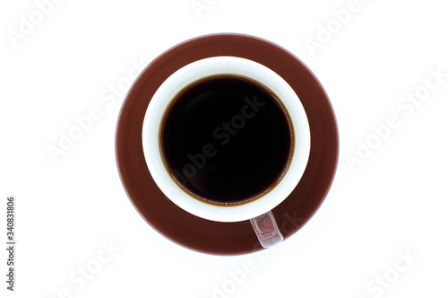 Coffee cup on white background. Top view with morning sunlight