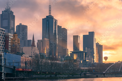 Melbourne cityscape at sunrise with Melbourne CBD skyscrapers