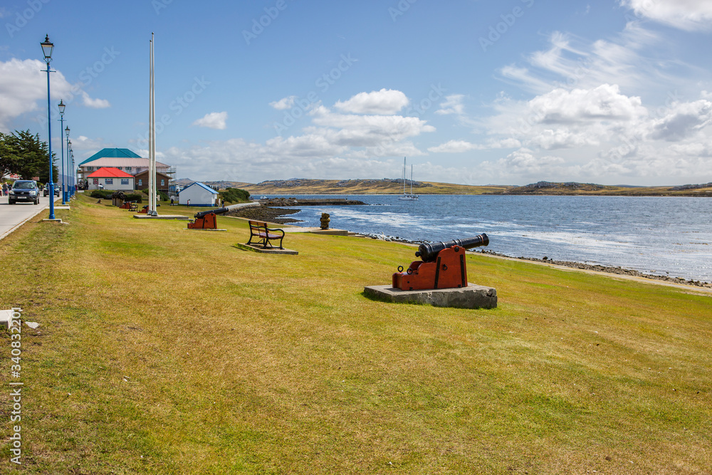 Port Stanley, Falkland Islands, guns on the waterfront. The cannon, which was part of the