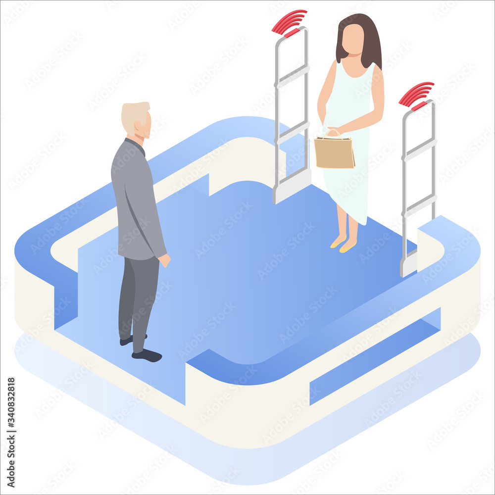Woman goes through anti-theft sensor gates. System reports theft. Security system detect barcode and notify. Isometric, vector, illustration. Woman goes through anti-theft sensor gates. System reports theft. Security system detect barcode and notify. Isometric, vector, illustration.