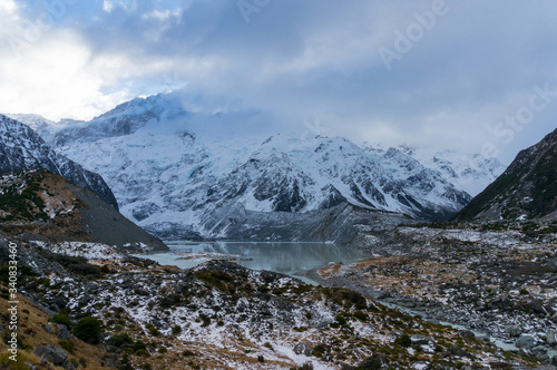 Winter mountain landscape of glacier valley with mountains covered in snow