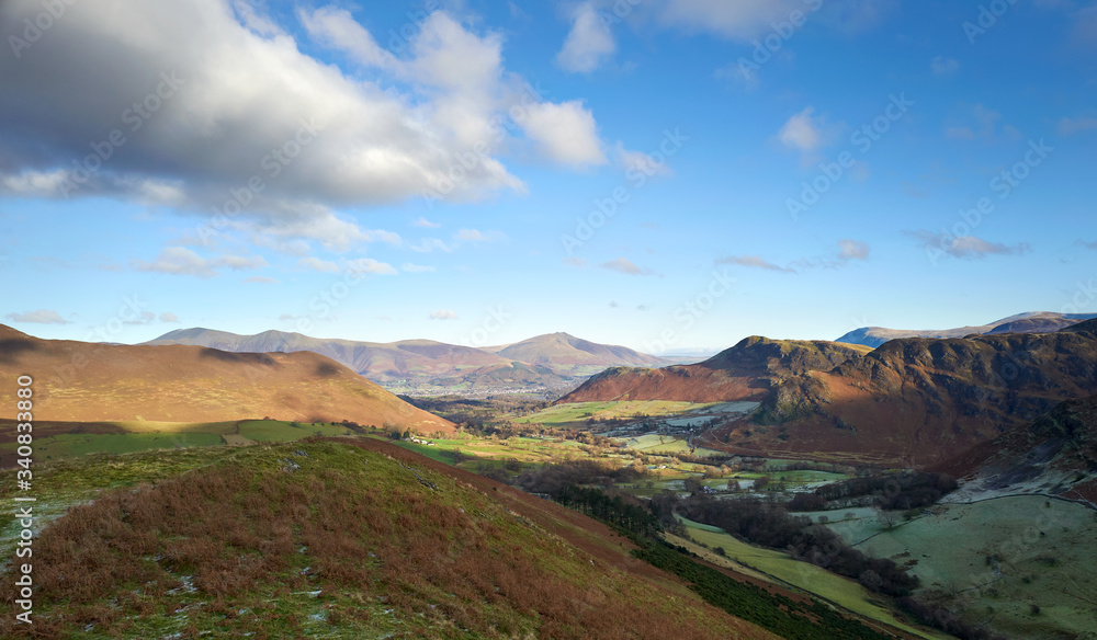 Views of Newlands in the Derwent Fells on a cold but blue sky sunny winters day from High Snab Bank in the Lake District, UK.