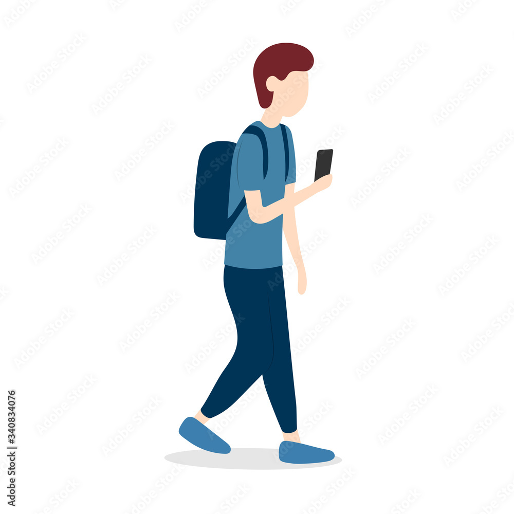 A young man with a backpack walks while looking into a smartphone. Vector illustration isolated on white background. A young man with a backpack walks while looking into a smartphone. Vector illustration isolated on white background.
