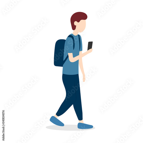 A young man with a backpack walks while looking into a smartphone. Vector illustration isolated on white background.
