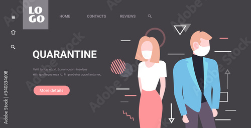 couple wearing protective medical masks to prevent coronavirus pandemic covid-19 virus control social distancing concept man woman stand back to back horizontal portrait copy space vector illustration
