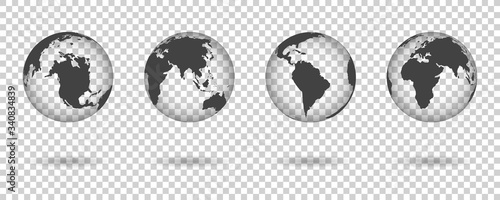 Set globes on transparent. World in map. 3d Earth, globus. Uk, africa, usa, europe, america, asia in sphere. Silhouette of planet. Black continents on rounds. Globes for travel, cartography. Vector.