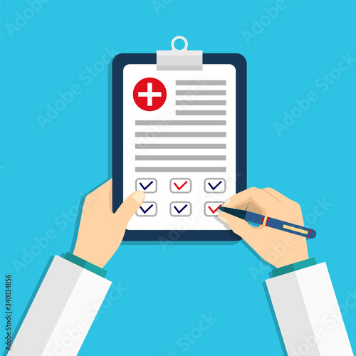 Medical board with clip. Doctor hold in hand clipboard with clinic report. Document of patient check. Medicine prescription for treatment. Health test in note. Form record clinical research. Vector