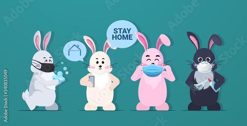 easter rabbits explain basic protective measures against coronavirus pandemic 2019-nCoV protection concept important guidance to stay healthy horizontal vector illustration