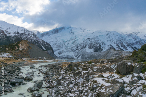 Winter mountain landscape of glacier valley with mountains covered in snow