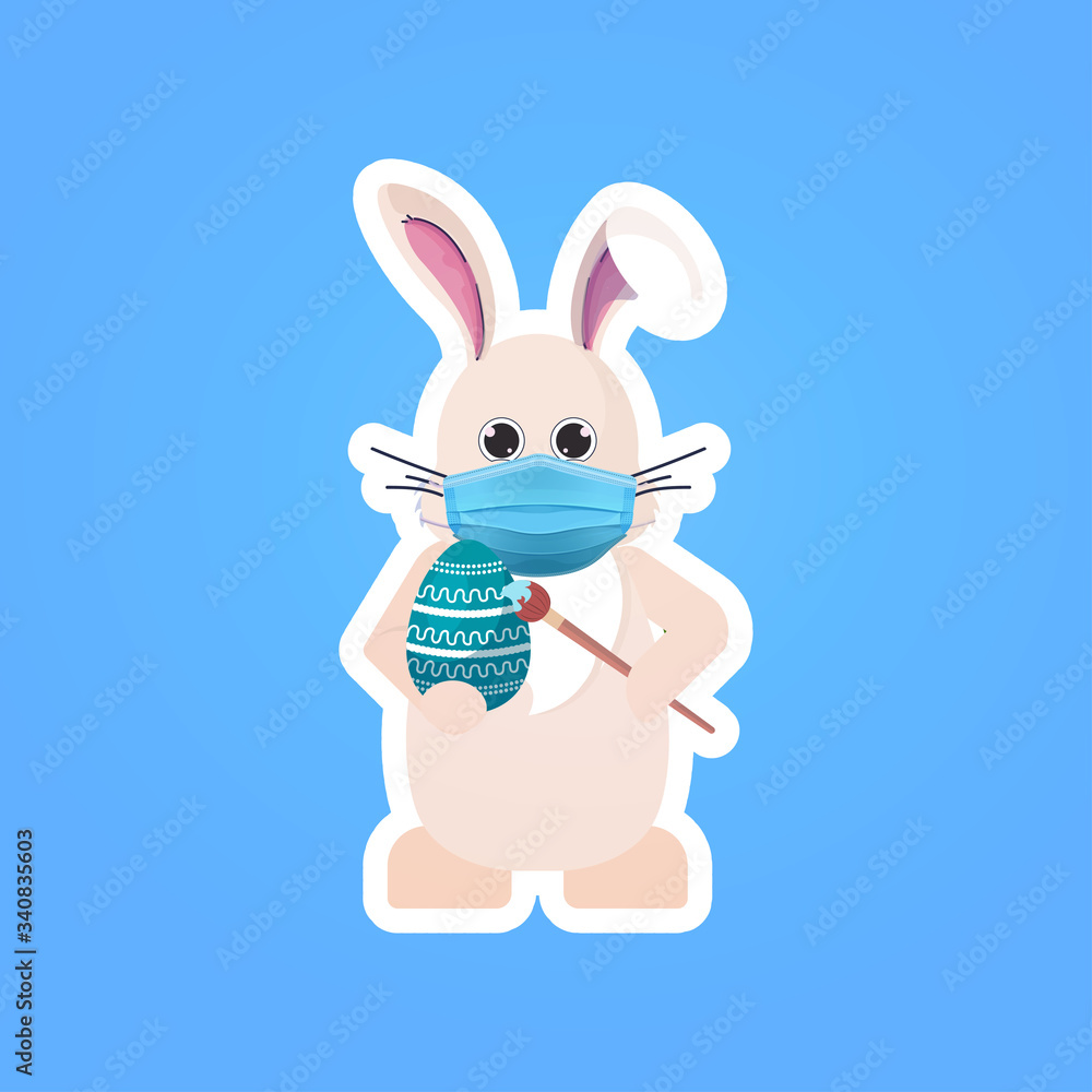 rabbit in mask drawing on egg happy easter bunny sticker spring holiday coronavirus covid-19 pandemic quarantine concept vector illustration
