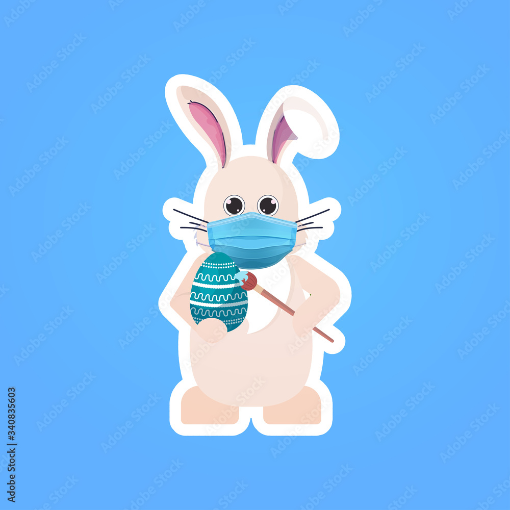Obraz premium rabbit in mask drawing on egg happy easter bunny sticker spring holiday coronavirus covid-19 pandemic quarantine concept vector illustration