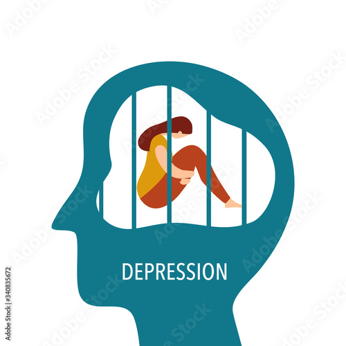 Depression woman sit and hugging her knees in the cage of human brain. Young woman sad and depressed. Anxiety disorder and stress concept vector illustration on white background. Psychological therapy