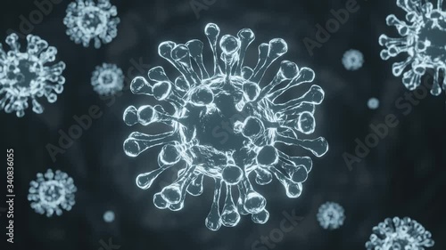 Coronavirus microscope glow 3D virus slow move on dark background.