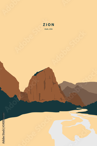 Zion national park Utah characteristic nature scenery view. Vector illustration drawing of my own.
