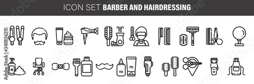 Barber shop icon set, outline thin line isolated vector sign symbol, hairdressing tools.