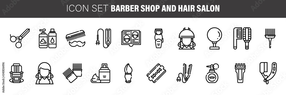 Barber shop icon set, outline thin line isolated vector sign symbol, hairdressing tools.