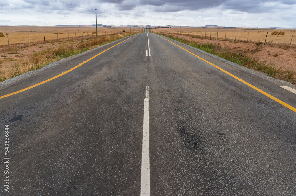 Obraz premium Road background with straight asphalt road and fields