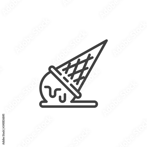 Fallen ice cream cone line icon. linear style sign for mobile concept and web design. Waffle ice cream melting outline vector icon. Symbol, logo illustration. Vector graphics