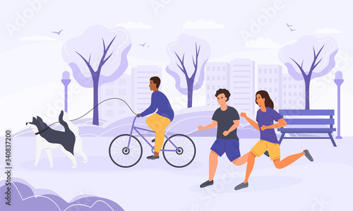 Active life concept with two joggers and a cyclist taking his dog for a run through an urban park, vector illustration