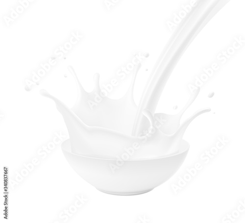 Bowl with milk splashes and drops isolated on white background. Vector illustration. Can be use for your design. EPS10.