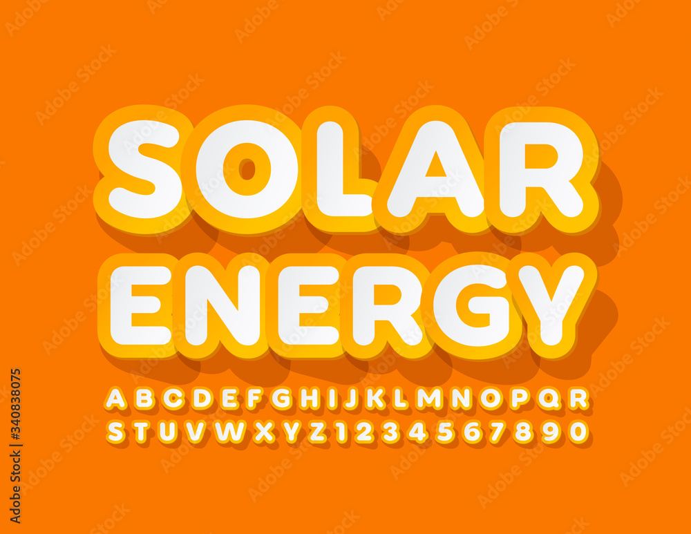 Vector bright sign Solar Energy. Yellow and White Sticker Font. Creative Alphabet Letters and Numbers