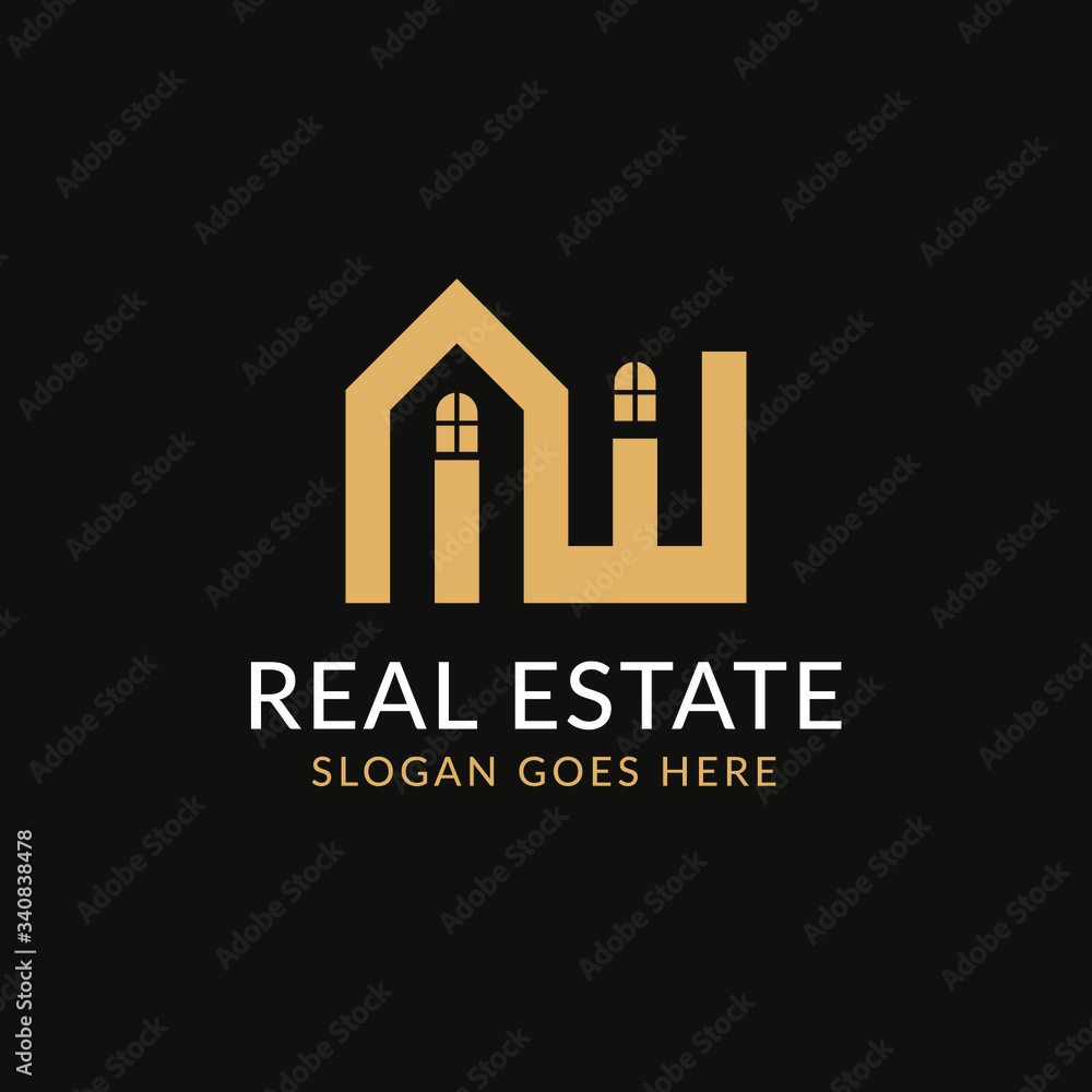 Creative real estate AW letter logo design. House, Property development, construction and building icon template. Isolated in dark background with gold color. Minimalist home vector in eps 10.