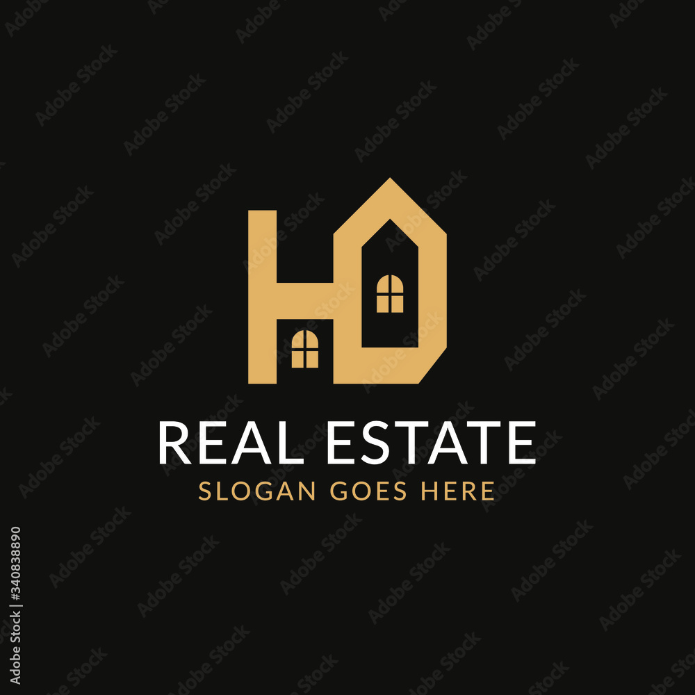 Creative real estate HD letter logo design. House, Property development, construction and building icon template. Isolated in dark background with gold color. Minimalist home vector in eps 10.