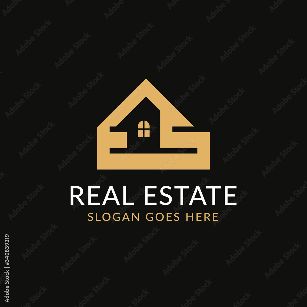 Creative real estate ES letter logo design. House, Property development, construction and building icon template. Isolated in dark background with gold color. Minimalist home vector in eps 10.