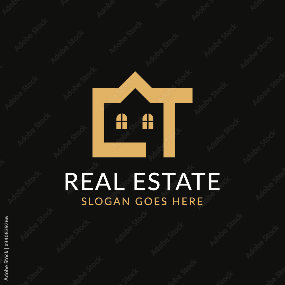 Creative real estate CT letter logo design. House, Property development, construction and building icon template. Isolated in dark background with gold color. Minimalist home vector in eps 10.