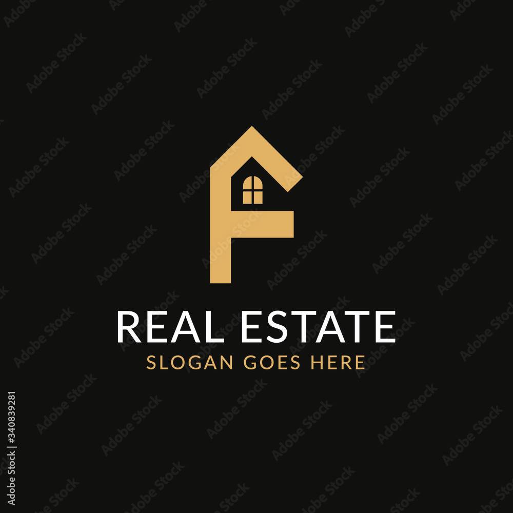 Creative real estate F letter logo design. House, Property development, construction and building icon template. Isolated in dark background with gold color. Minimalist home vector in eps 10.