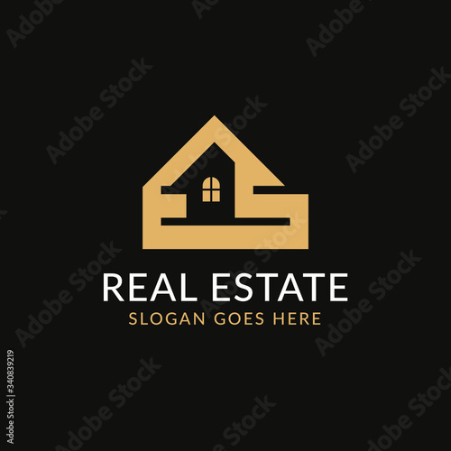 Creative real estate ES letter logo design. House  Property development  construction and building icon template. Isolated in dark background with gold color. Minimalist home vector in eps 10.