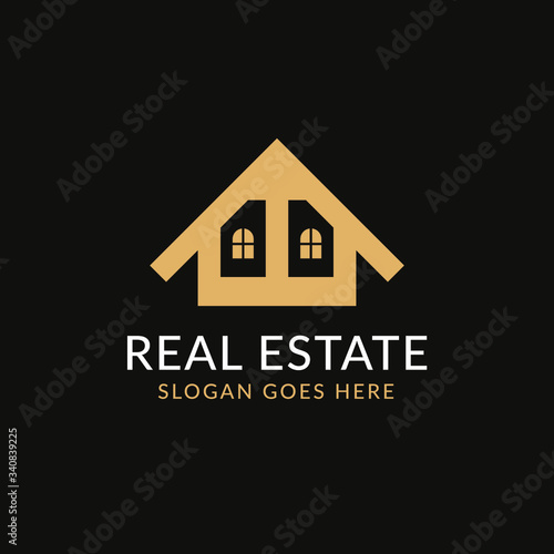 Creative real estate AA letter logo design. House, Property development, construction and building icon template. Isolated in dark background with gold color. Minimalist home vector in eps 10.