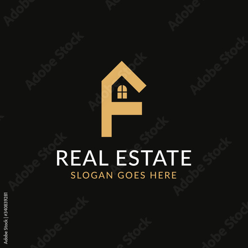 Creative real estate F letter logo design. House  Property development  construction and building icon template. Isolated in dark background with gold color. Minimalist home vector in eps 10.