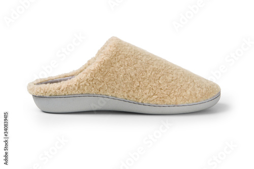 Pair of blank soft gray home slippers, design mockup. Hotel bath slippers top view isolated on white background. Clear warm domestic sandal or sneakers. Bed shoes accessory footwear. Sandals flip flop