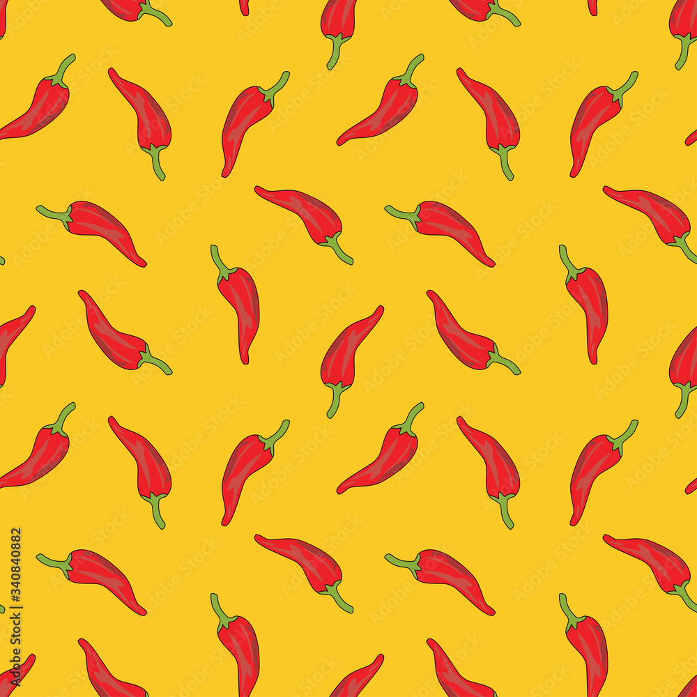 seamless pattern with red chillies or pepper on a yellow background. seamless pattern with red chillies or pepper on a yellow background.
