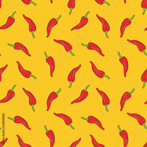 seamless pattern with red chillies or pepper on a yellow background.