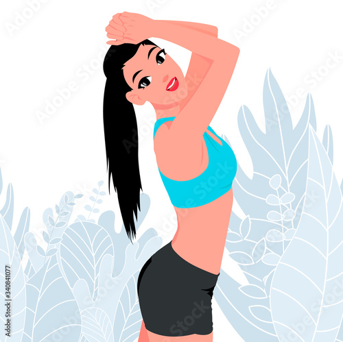 Girl sportswoman in sportswear posing on camera. Vector illustration in high quality and flat style.