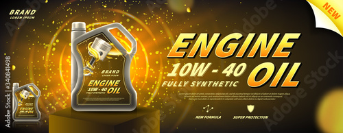 Engine oil advertisement banner. Vector illustration with realistic oil canister on pedestal on bright background. 3d ads template.