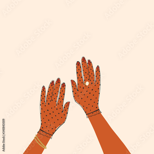 Elegant hands in gloves with dark brown skin. Female palms with manicure, bracelets and rings. Body parts, hands isolated on white background. Beauty, fashion and environment protection concept