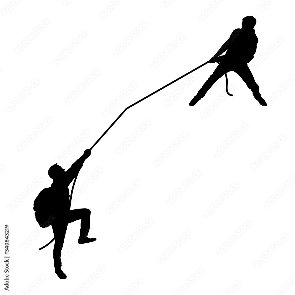 Black silhouette of men. The man pulls another rope. Teamwork