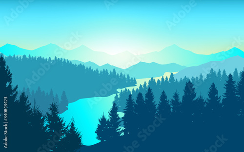 Fototapeta Naklejka Na Ścianę i Meble -  Vector background. Morning in beautiful mountains with river. Abstract illustration mountains and dense forest down to the valley in the foreground. Mountain landscape. 
