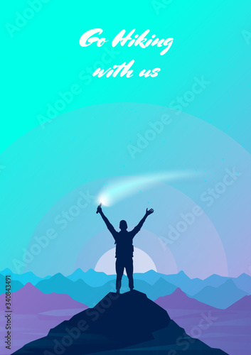 A man at the top of a mountain holds a signal fire in his raised hand. Climbing on mountain. Vector illustration hiking and climbing