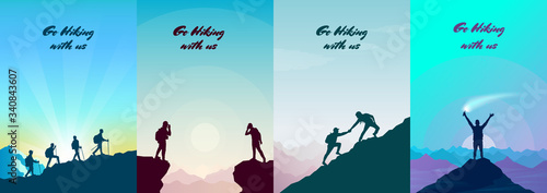 Vector brochure cards set. Travel concept of discovering, exploring and observing nature. Hiking. Adventure tourism. Flat design template of flyer, magazine, book cover, banner, invitation, poster.