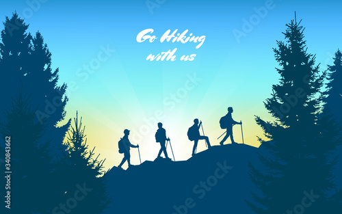 Silhouette traveling people. Climbing on mountain. Four traveling men with trekking poles and backpacks. Vector illustration hiking and climbing team. Landscape mountains with forest trees