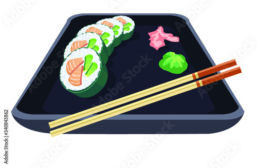 maki avocado salmon sushi on plate with ginger wasabi and chopsticks japanese food asia rice raw fish sea food icon isolated on white background 