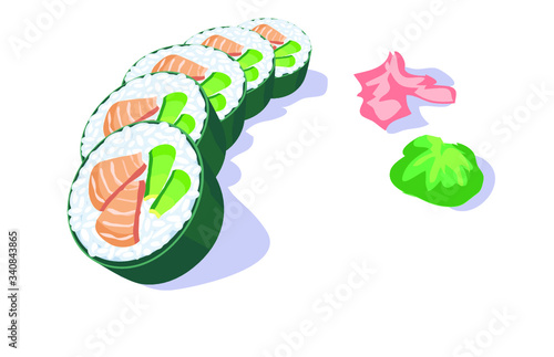 maki avocado plate salmon sushi japanese food asia rice raw fish sea food icon isolated on white background 