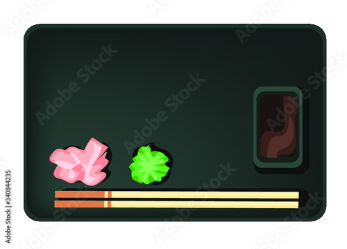 sushi black plate with ginger wasabi and chopsticks japanese food asia rice raw fish sea food icon isolated on white background 