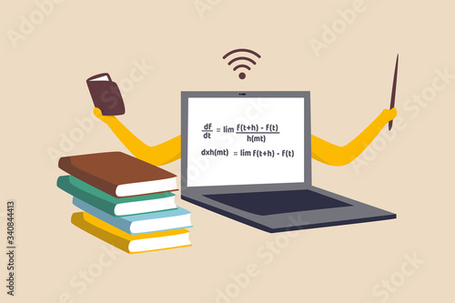 Online e-learning, teaching via internet course or study online at home in Coronavirus COVID-19 outbreak concept, computer laptop with math equation on display with hands as professor or teacher.