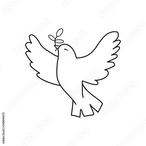 Dove Of Peace. Illustration with dove holding an olive branch symbolising peace on earth. Line Art dove. Ink painting style. Line art for logo and design. Vector illustration. Peace logo.