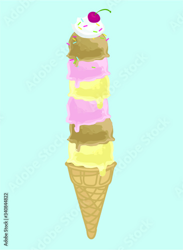 ice cream strawberry chocolate and vanilla tower  cornet scoop sweet sugar summer symbol cold snack isolated on white background